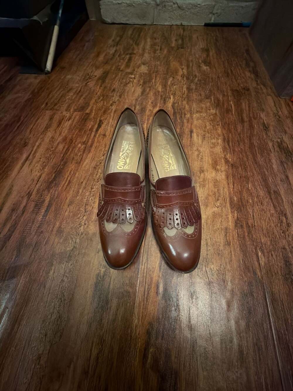 Salvatore Ferragamo Brown Leather and Canvas Kiltie Wingtip Loafers